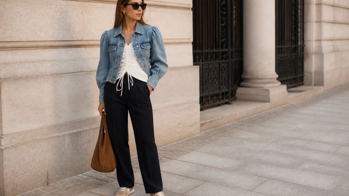 Woman wearing a modern fitted denim jacket with puff sleeves over a ruched linen top, paired with dark tailored trousers and ballet sneakers, demonstrating layered textures and contemporary styling