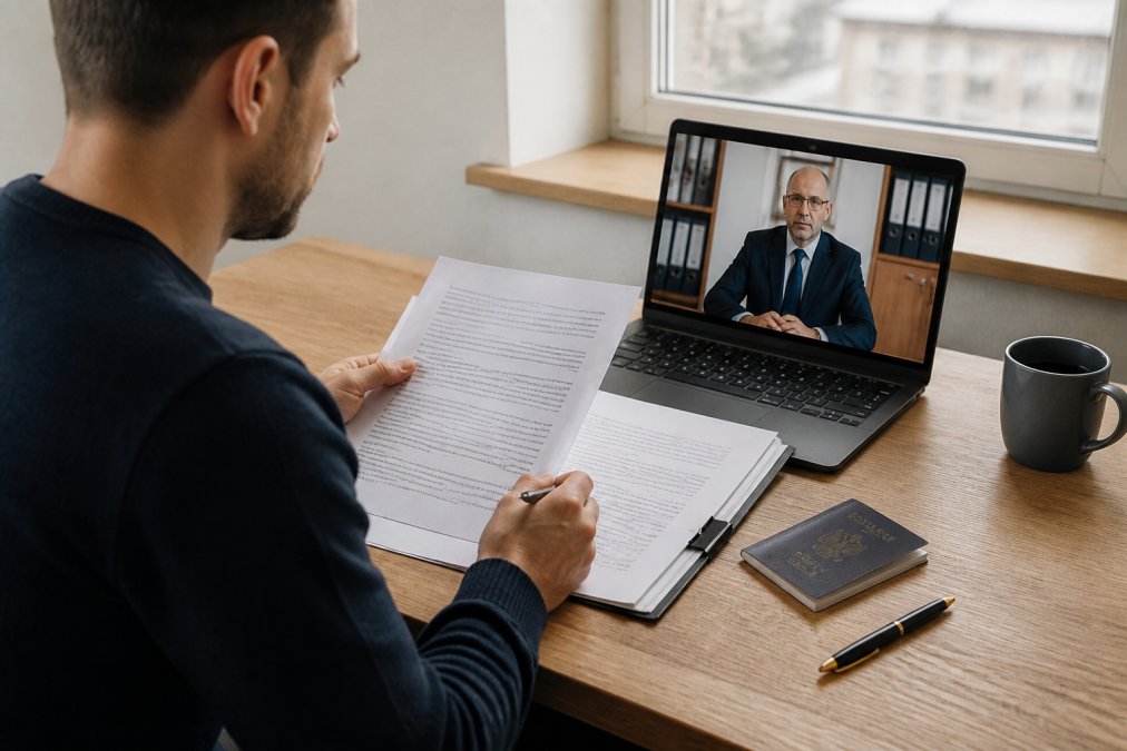 A founder at a desk reviewing incorporation documents with a laptop showing a video call with a notary, passport and pen nearby, natural light