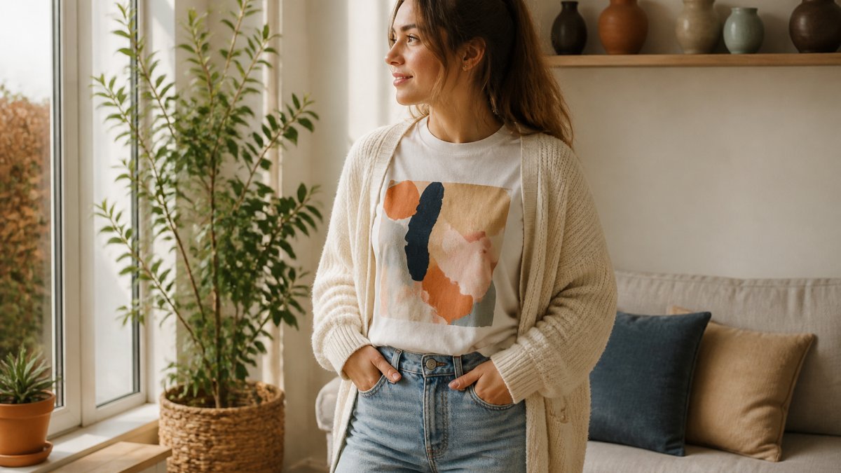 Person wearing an abstract art graphic tee styled with neutral jeans and a cream cardigan, photographed in natural daylight in a casual home setting