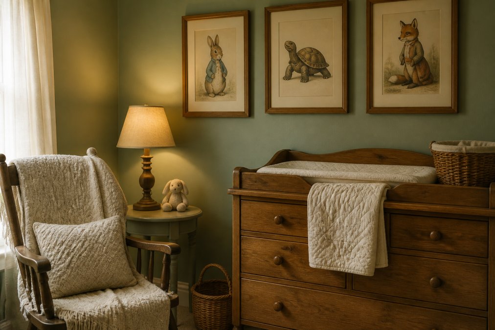 Cozy nursery corner with soft sage green walls, vintage wooden changing table, framed fable art prints in natural wood frames, quilted cream textiles draped over a rocking chair, and warm golden light from a table lamp casting gentle shadows