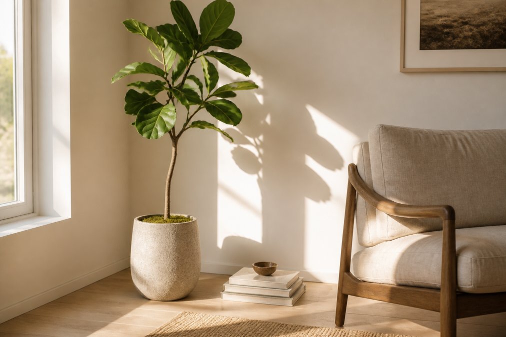 A sunlit minimalist living room corner with a single sculptural potted plant, a linen armchair, and a small stack of books on a light wood floor