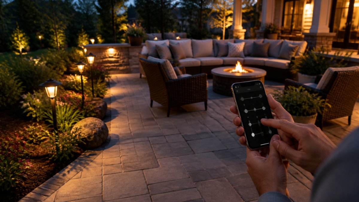 Homeowner using a smartphone app to control elegant smart lighting on an outdoor patio at dusk