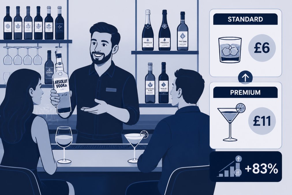 Bar staff member confidently suggesting a premium spirit or cocktail to customers seated at the bar counter, with shelves of bottles and glassware visible in warm ambient lighting