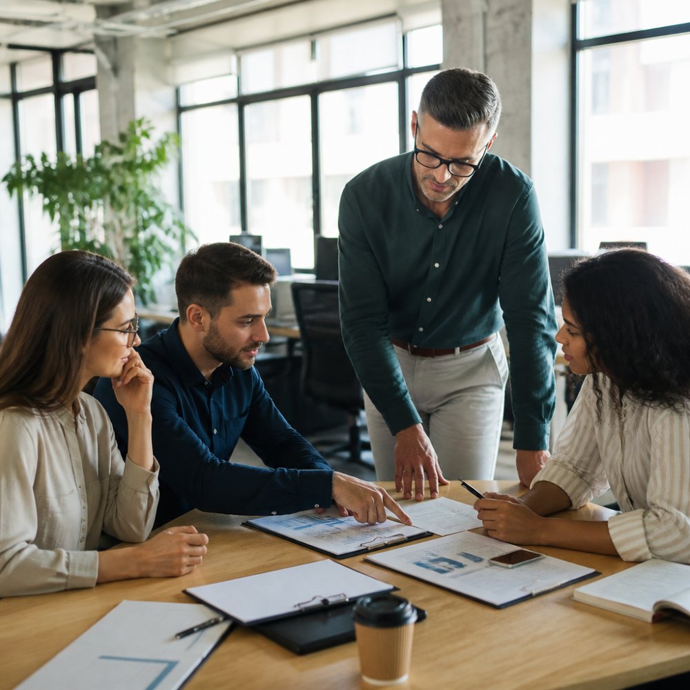 Sales team in modern office reviewing conversion metrics on multiple monitors, with team members pointing at data and discussing strategy, natural office lighting streaming through windows