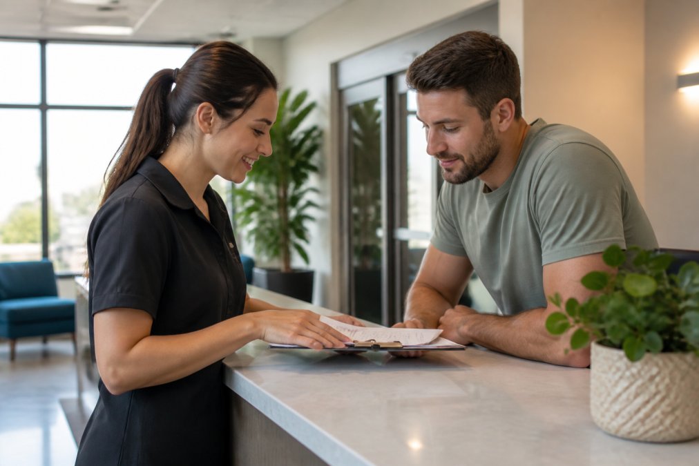 Intake coordinator reviewing a treatment plan with a new client at a bright reception desk in a modern rehabilitation center