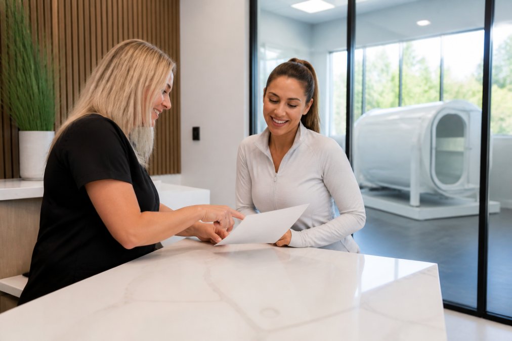 Wellness clinic manager and client reviewing a treatment plan to build long-term client retention