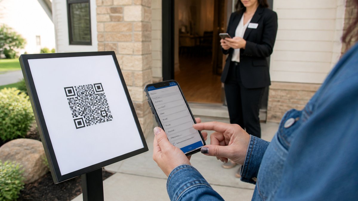 A visitor's hand holding a smartphone displaying a QR code scan at an open house entrance, with a real estate agent standing nearby in the background checking their phone