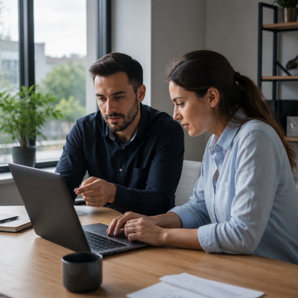 Sales manager and team member reviewing CRM data to increase sales team efficiency in a modern office