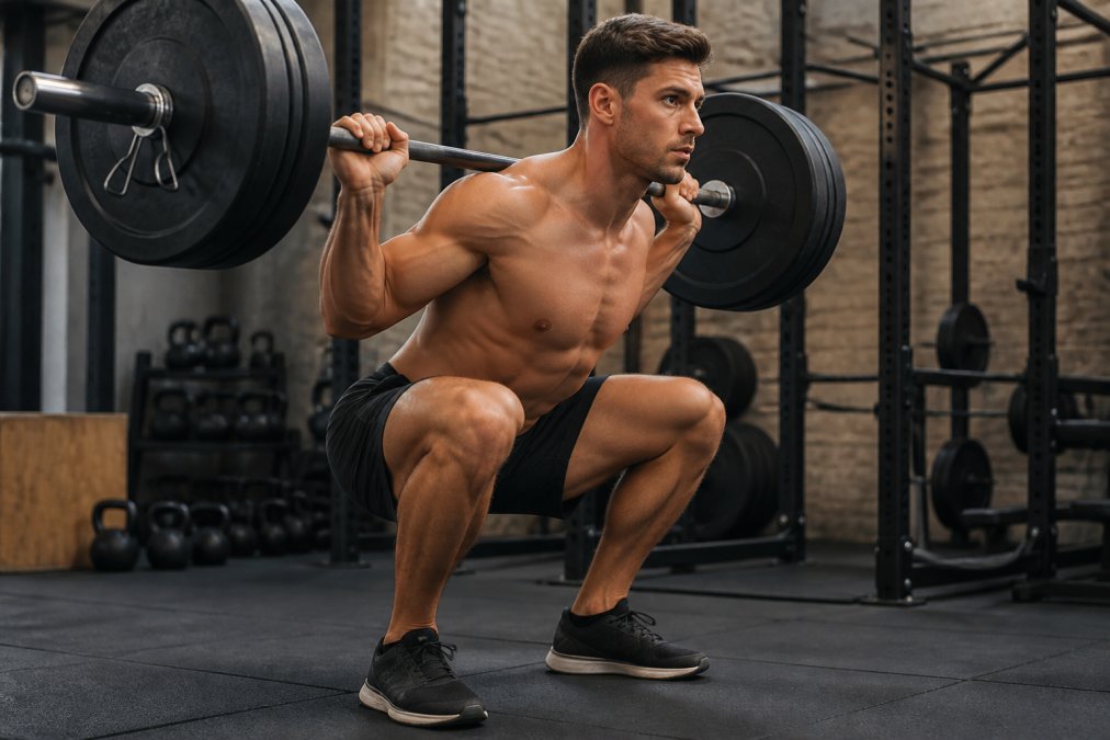 Athlete performing a barbell squat with controlled form in a well-lit gym, demonstrating proper technique for strength training with focused expression and engaged core
