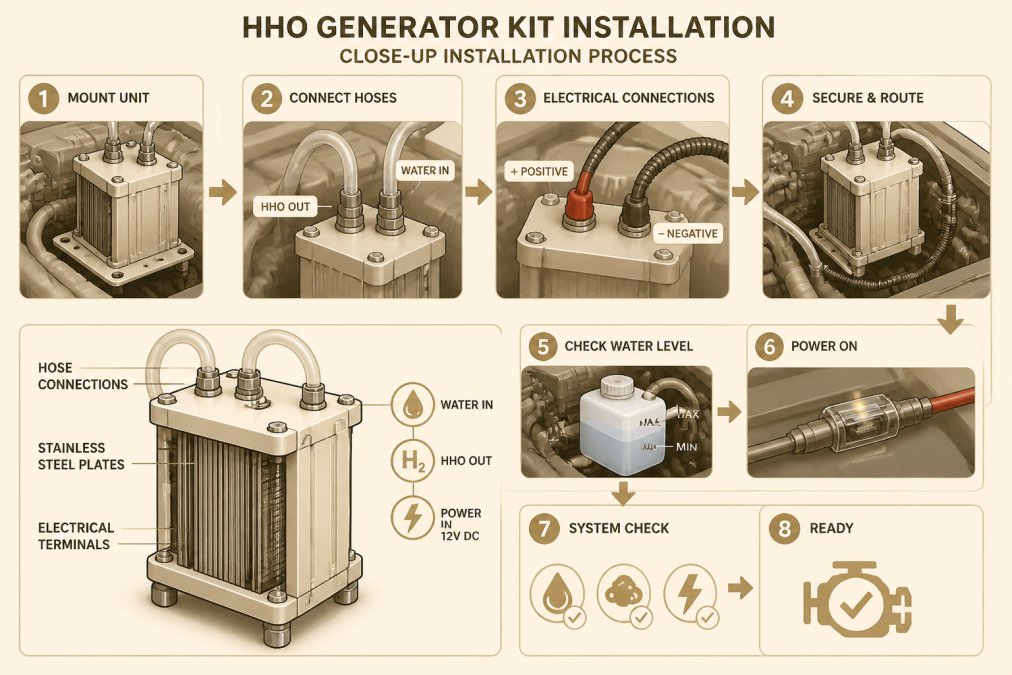 Close-up of an HHO generator unit with visible stainless steel plates mounted in engine bay, showing hose connections and electrical terminals during installation process