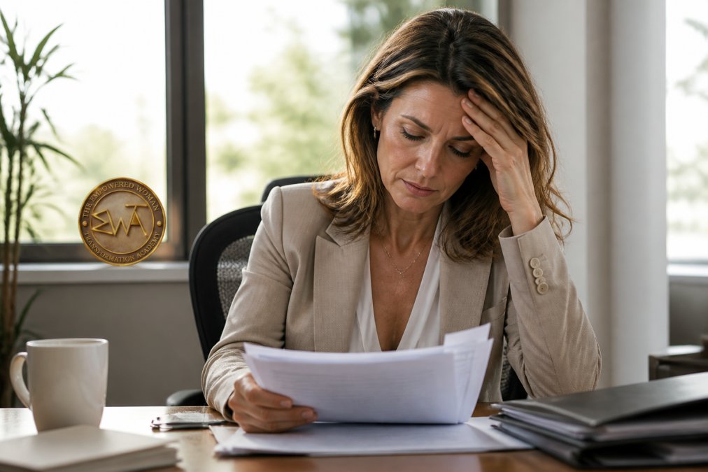 Professional woman in her 40s at her desk, looking fatigued while reviewing documents, with natural light coming through office windows
