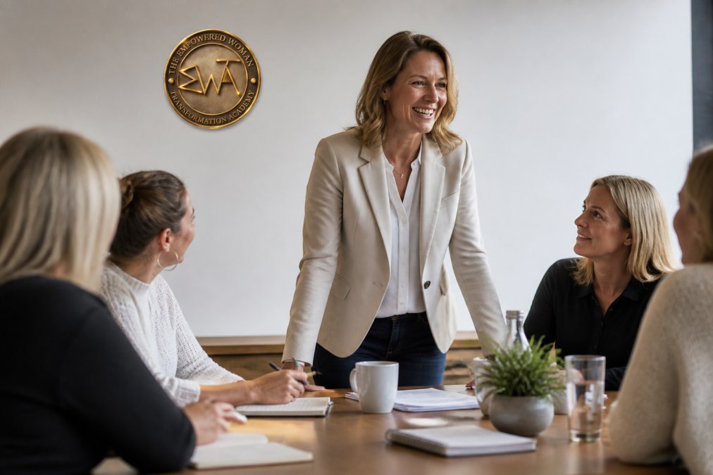 Confident female executive in a meeting room, engaged and energised, leading a discussion with colleagues around a table