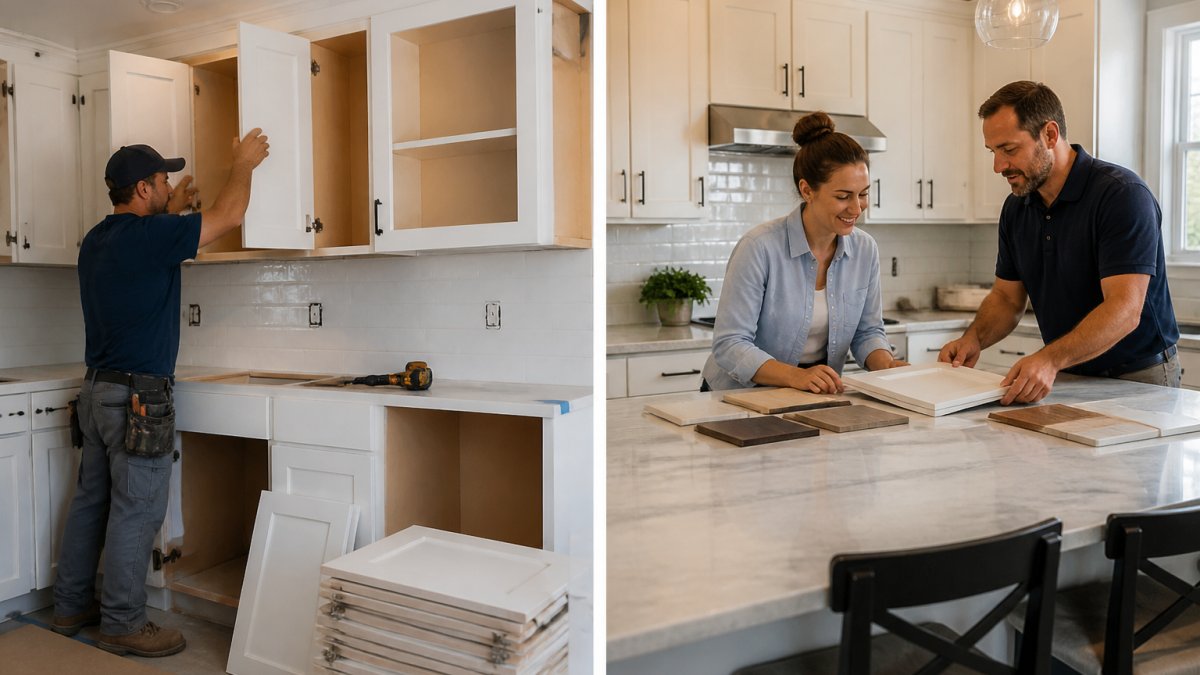 A contractor in work clothes installing new cabinet doors and hardware in a bright kitchen, with old cabinet doors stacked nearby and a homeowner reviewing samples at the counter