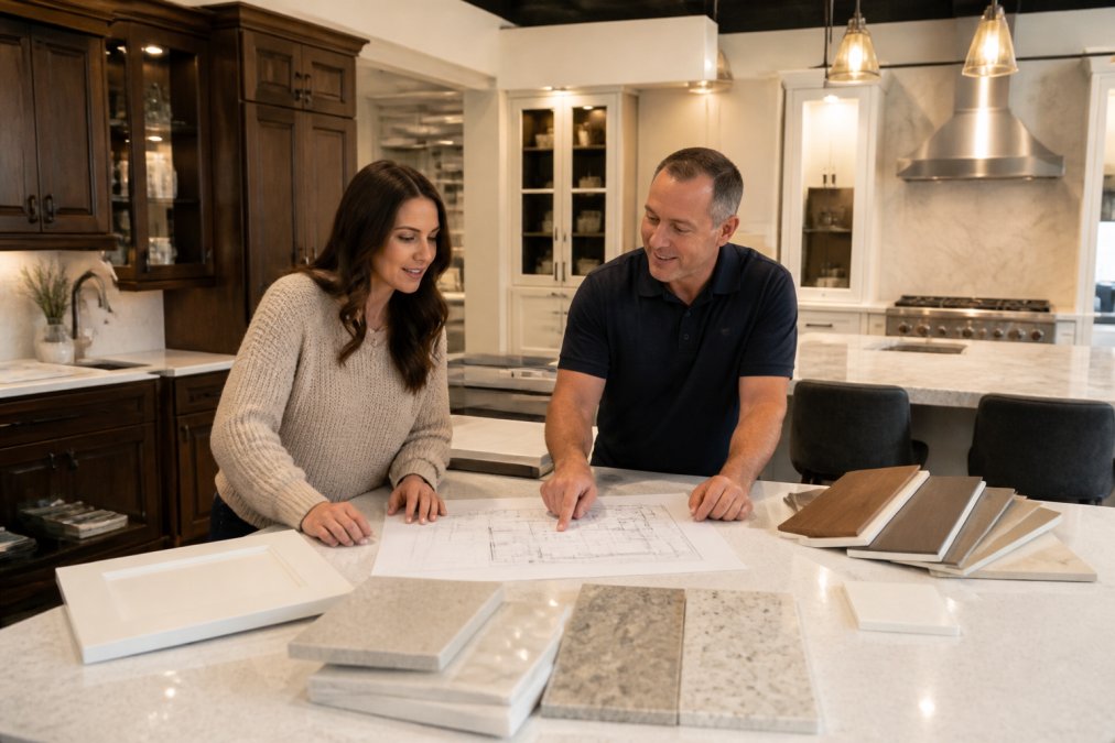 A bright, modern kitchen showroom with a designer and homeowner reviewing cabinet samples and floor plans spread across a large table, warm overhead lighting, quartz countertop samples in the foreground