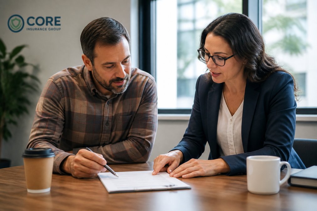 A contractor and an insurance agent reviewing a surety bond document together at a desk in a bright office, with a laptop and coffee cups nearby