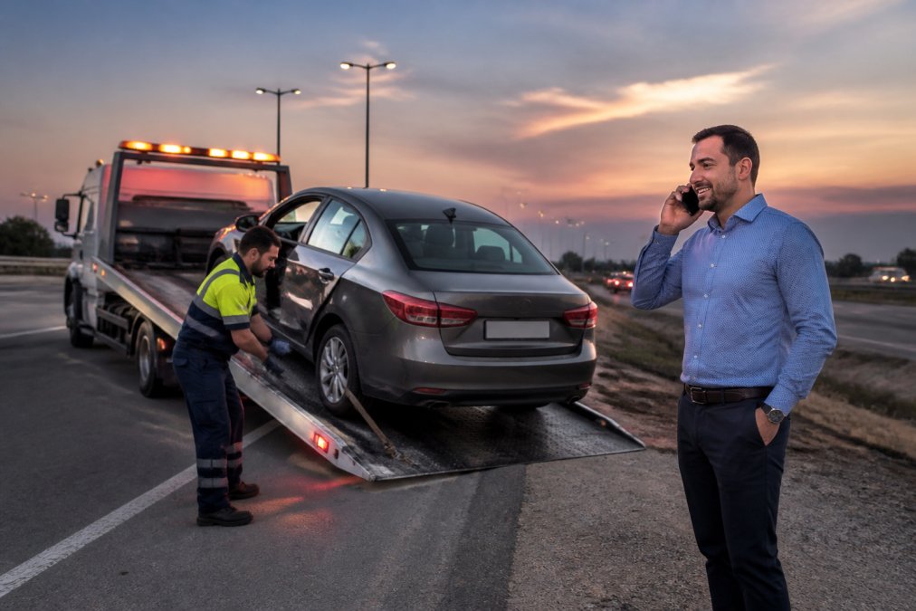 A tow truck operator securing a damaged sedan on the shoulder of a multi-lane road at dusk, hazard lights on, a driver standing nearby on the phone, looking relieved