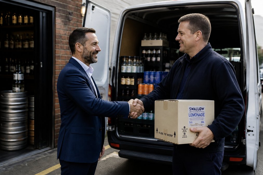 Bar manager in professional attire shaking hands with a delivery driver beside a white van loaded with crates of premium drinks, bottles visible in the background, natural daylight in an independent bar car park