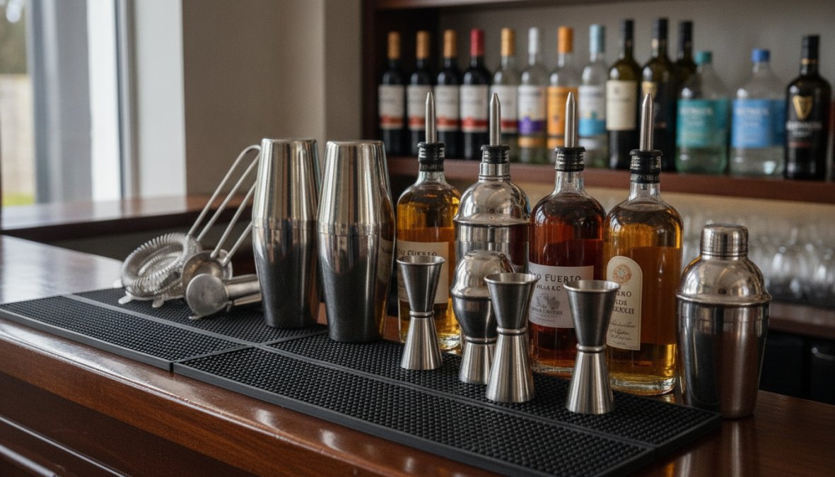 A well-organised bar setup showing shakers, jiggers, pourers, strainers, and bar mats arranged on a polished wooden bar counter with bottles in the background