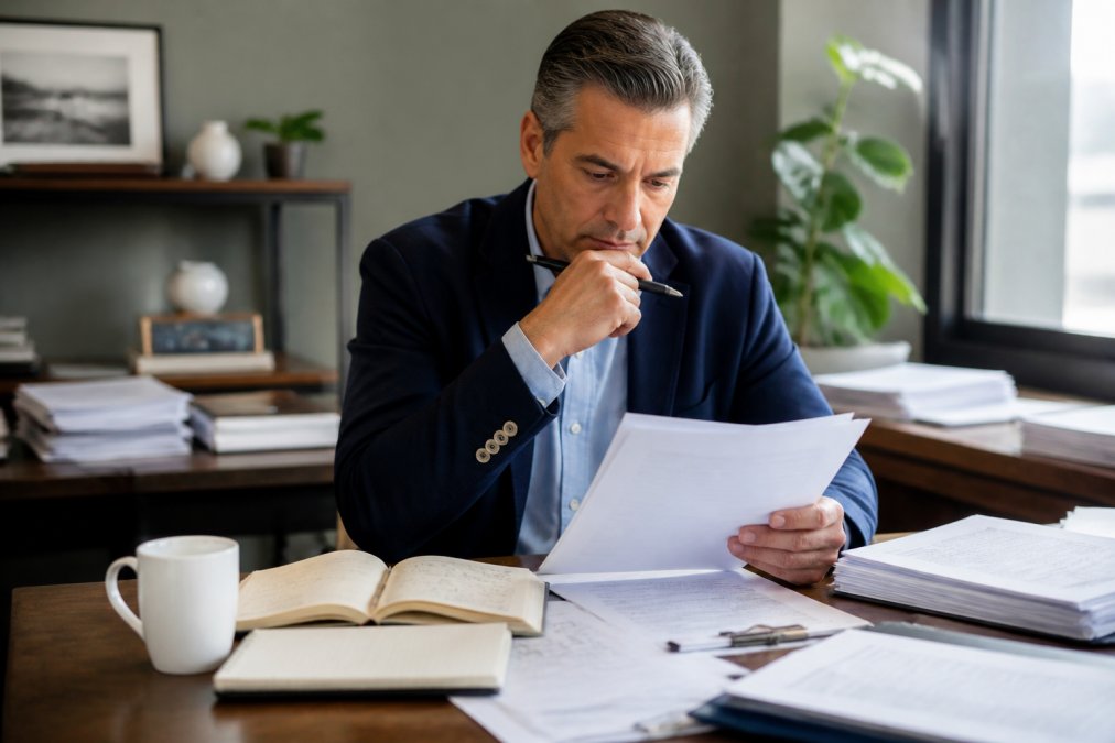 Financial advisor sitting at desk reviewing client transition documents and strategy notes with coffee cup, focused and contemplative in natural office lighting