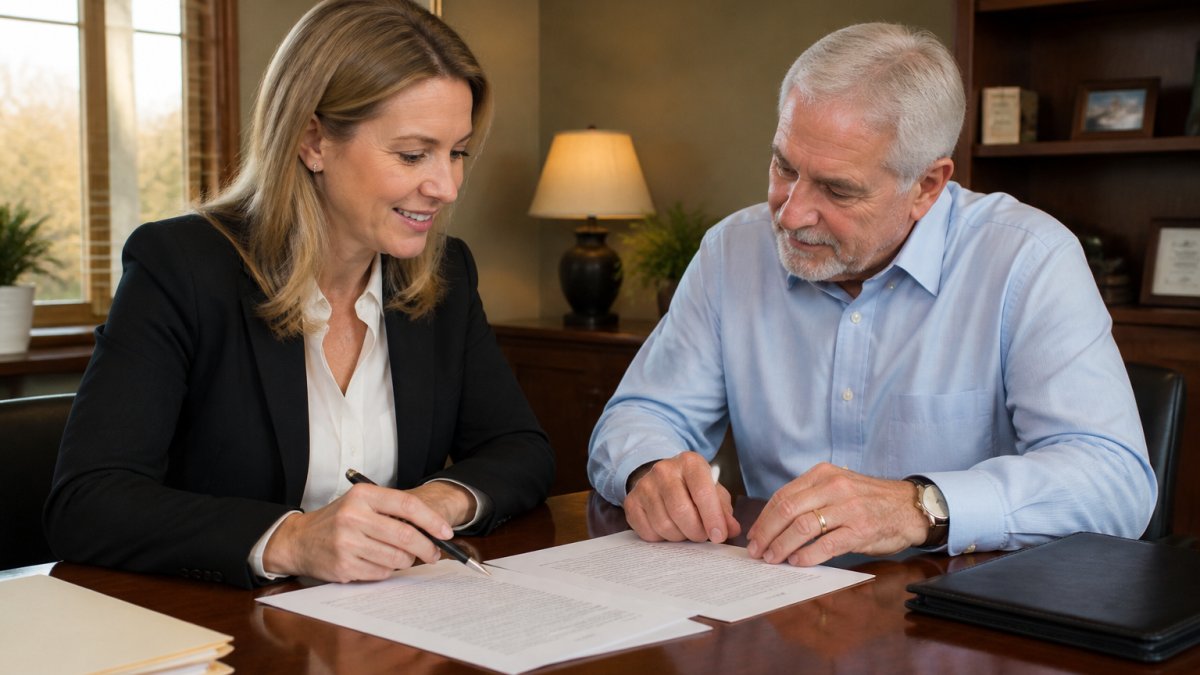 Professional insurance broker and client sitting at desk reviewing policy documents and discussing coverage options together in modern office with warm lighting