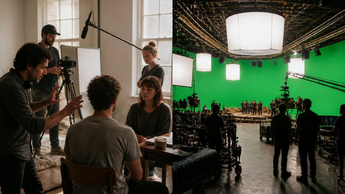 Independent filmmaker directing actors on a small set with minimal equipment, natural window lighting illuminating intimate scene, sparse crew visible in background
