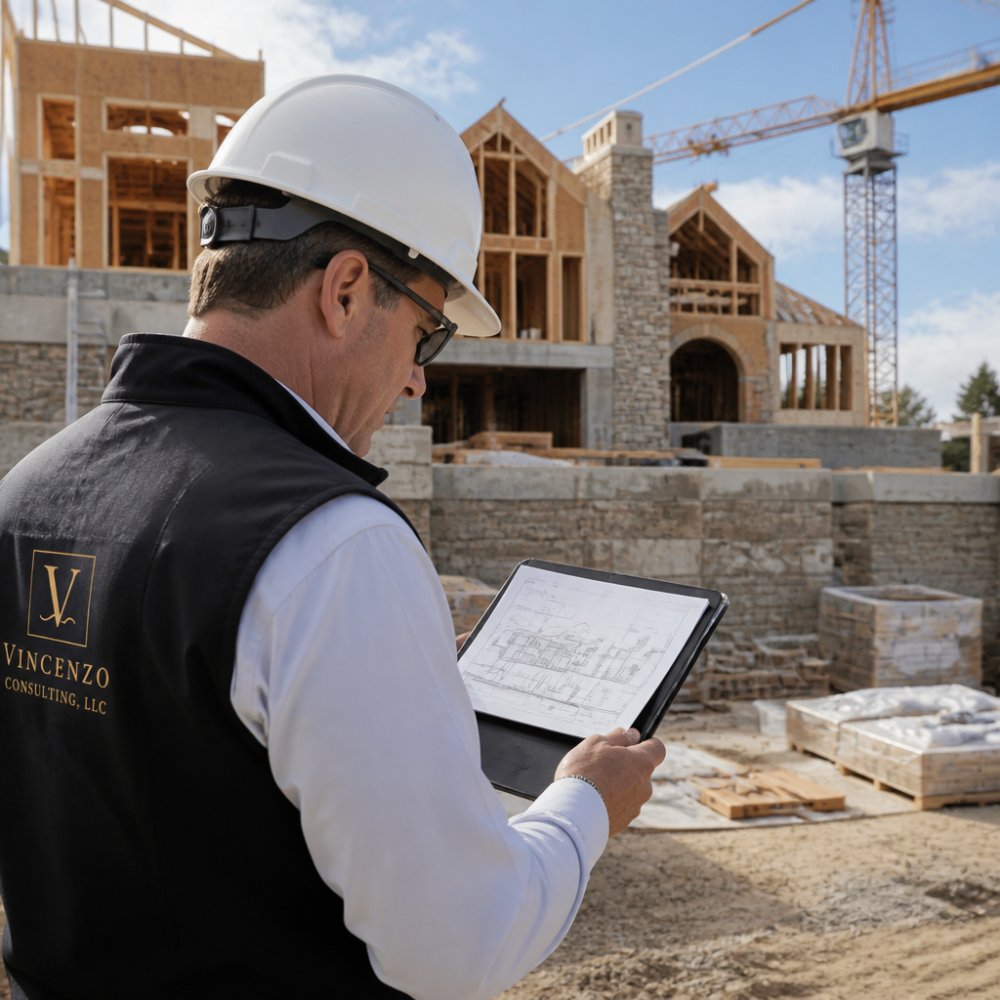 Professional reviewing plans on a tablet during independent construction of a luxury residential home site.