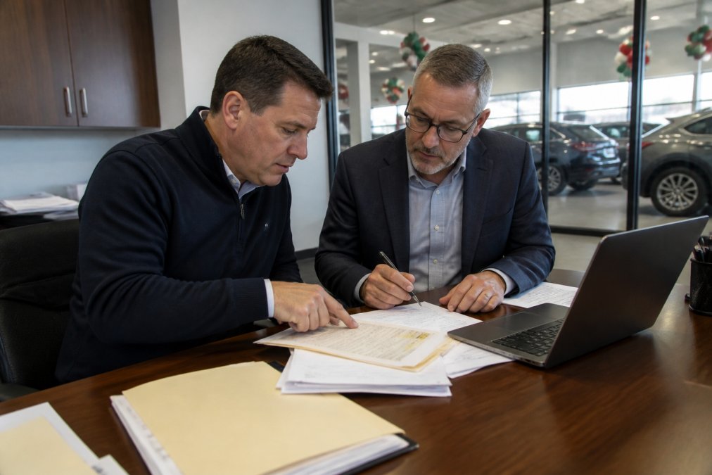 A dealership general manager and an outside consultant reviewing printed vendor invoices and a laptop spreadsheet across a desk in a dealership back office, with a dealership showroom visible through the glass behind them