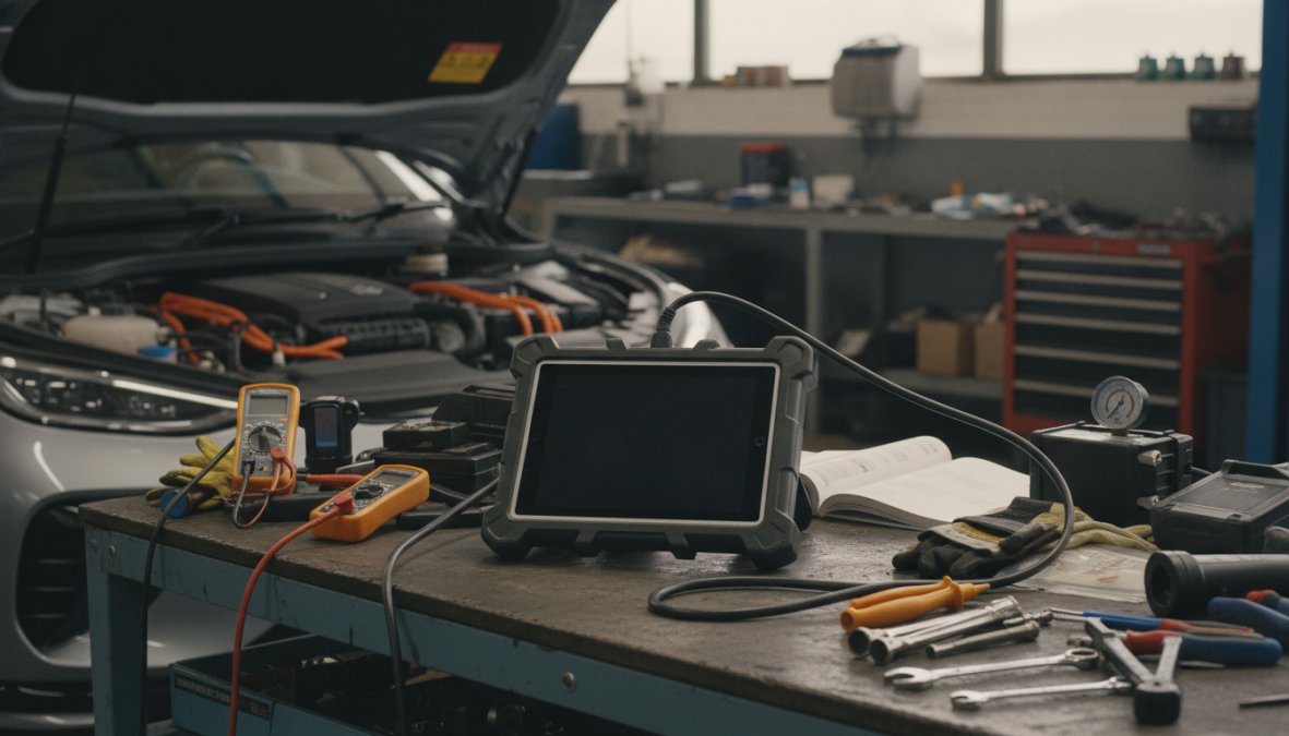 A technician in a professional workshop using a large diagnostic tablet connected to an electric vehicle via an OBD-II port, with the car's bonnet open and high-voltage warning labels clearly visible under workshop lighting