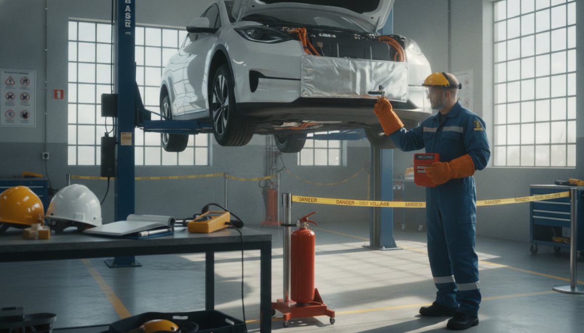 An EV specialist wearing high-voltage insulated gloves and full PPE working on an exposed high-voltage battery pack in a clean, well-lit independent garage workshop, with orange HV cables visible and safety signage on the workshop wall