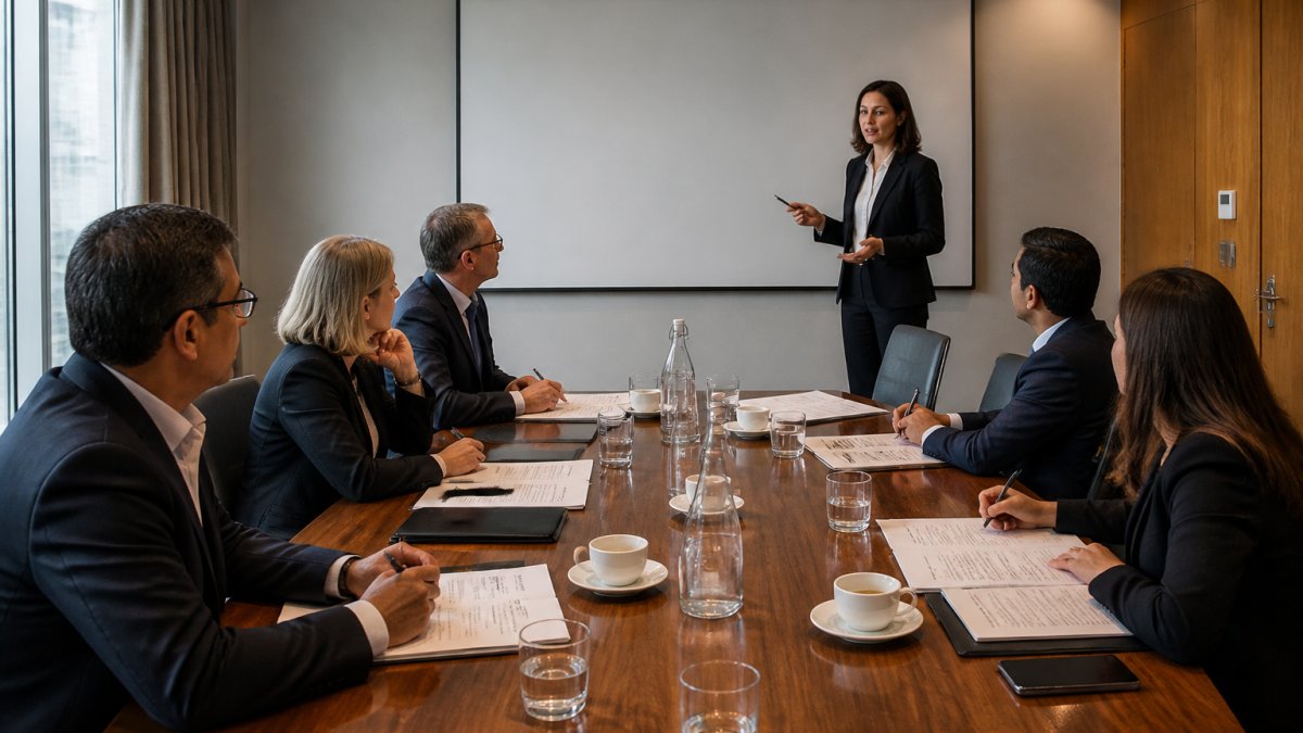 A procurement panel of executives and a programme manager seated around a boardroom table, taking notes while a vendor representative presents on a large screen