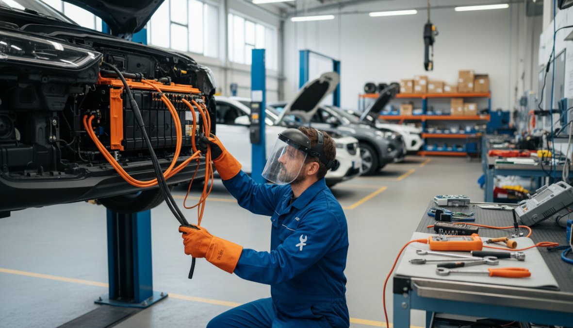Professional illustration showing qualified and ev and technician concepts for independent ev repair vs main dealer