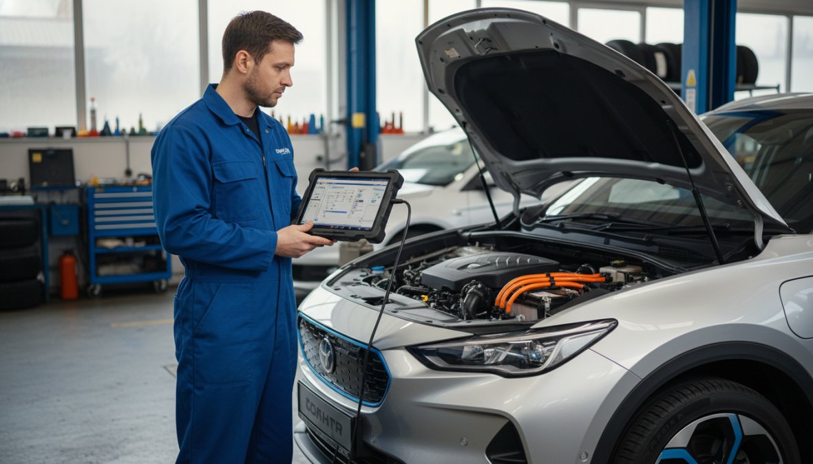 Professional illustration showing independent garage vs dealership for hybrid cars