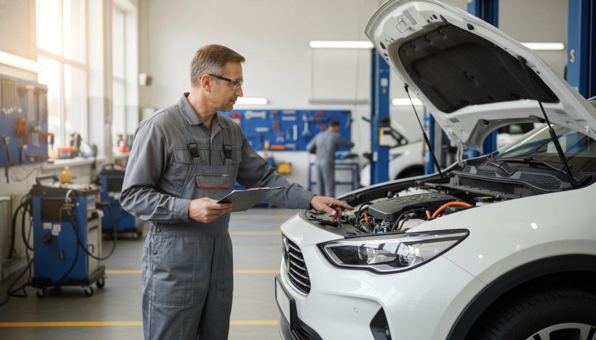 Best practices diagram for mechanic and clean and well-lit concepts for independent garage vs dealership for hybrid cars