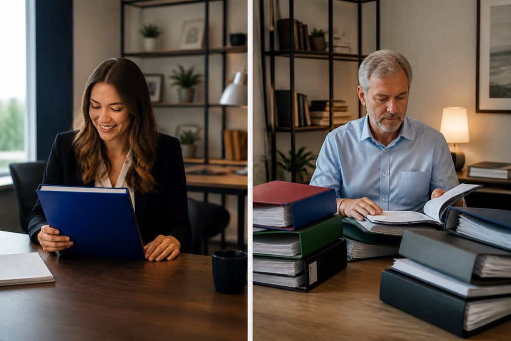 A split workspace scene showing two insurance agents at separate desks, one working from a single branded carrier binder and the other surrounded by multiple carrier folders, warm office lighting