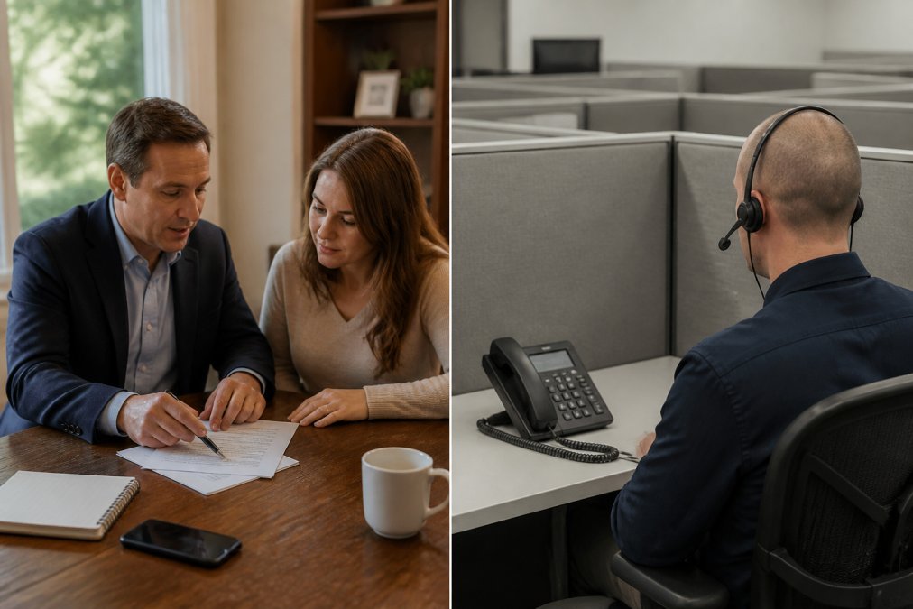 A professional insurance agent sitting at a wooden desk, reviewing a policy document with a client, phone and notepad nearby, warm natural light through a window