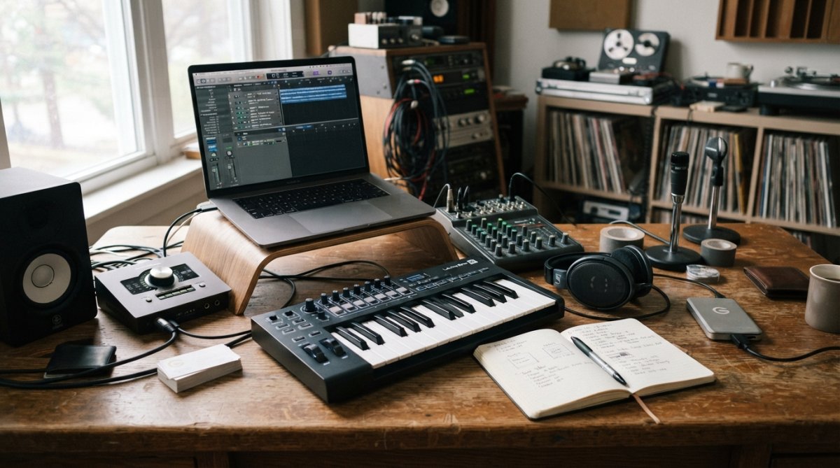 Music label manager working at a desk with multiple monitors displaying distribution dashboards, royalty reports, and artist management tools in a modern studio office