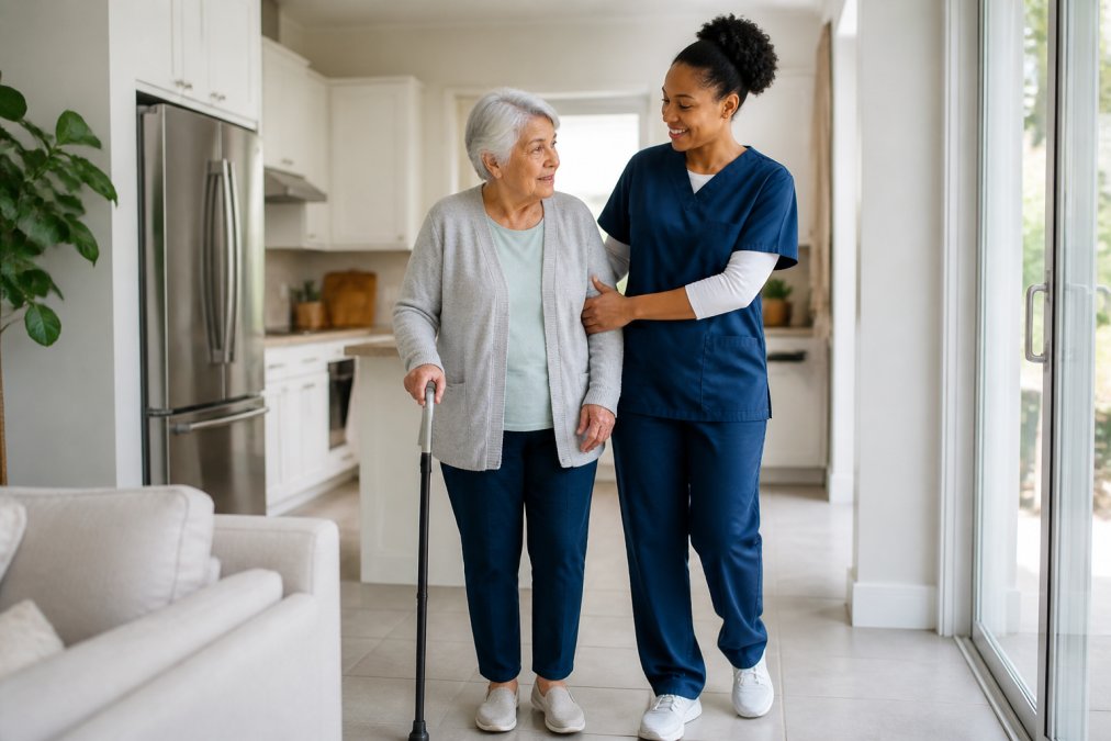 Professional caregiver assisting an older adult with mobility while walking through a bright, modern home, demonstrating gentle support and genuine connection