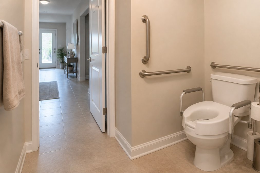 Modern, accessible home interior with grab bars installed in bathroom, clear pathways with minimal clutter, good lighting throughout, and adaptive equipment like raised toilet seat visible, demonstrating safety features that support senior independence