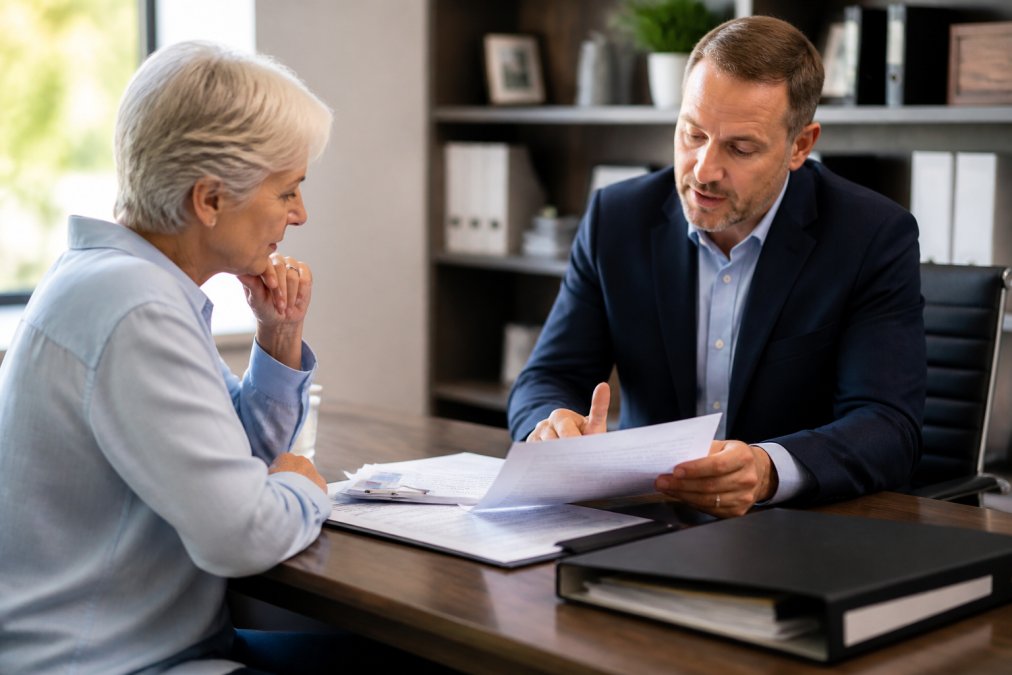 Senior adult reviewing Medicare plan documents with an independent medicare advisor in a bright office.
