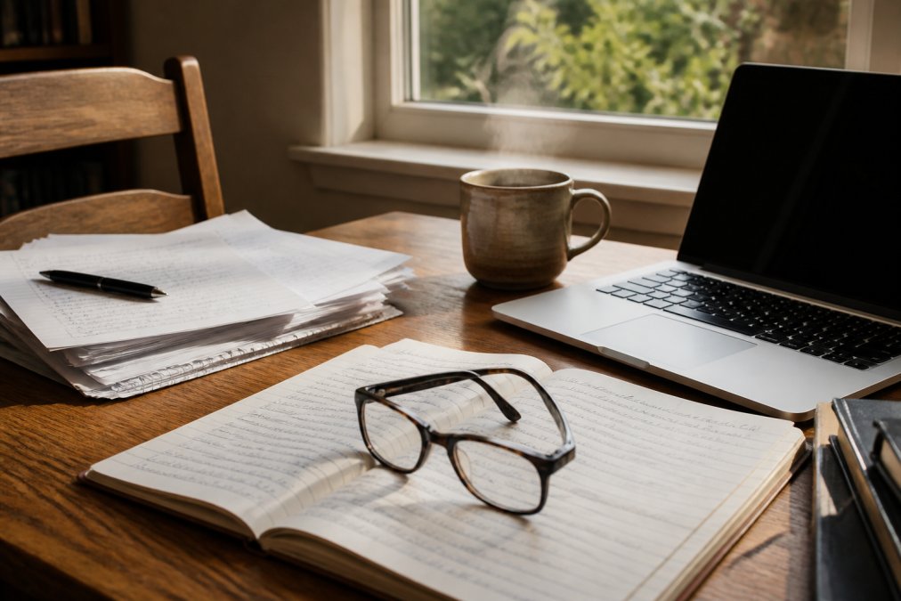 Author sitting at wooden desk with handwritten manuscript pages scattered across surface, reading glasses resting on open notebook, steaming coffee mug beside laptop, natural sunlight streaming through nearby window