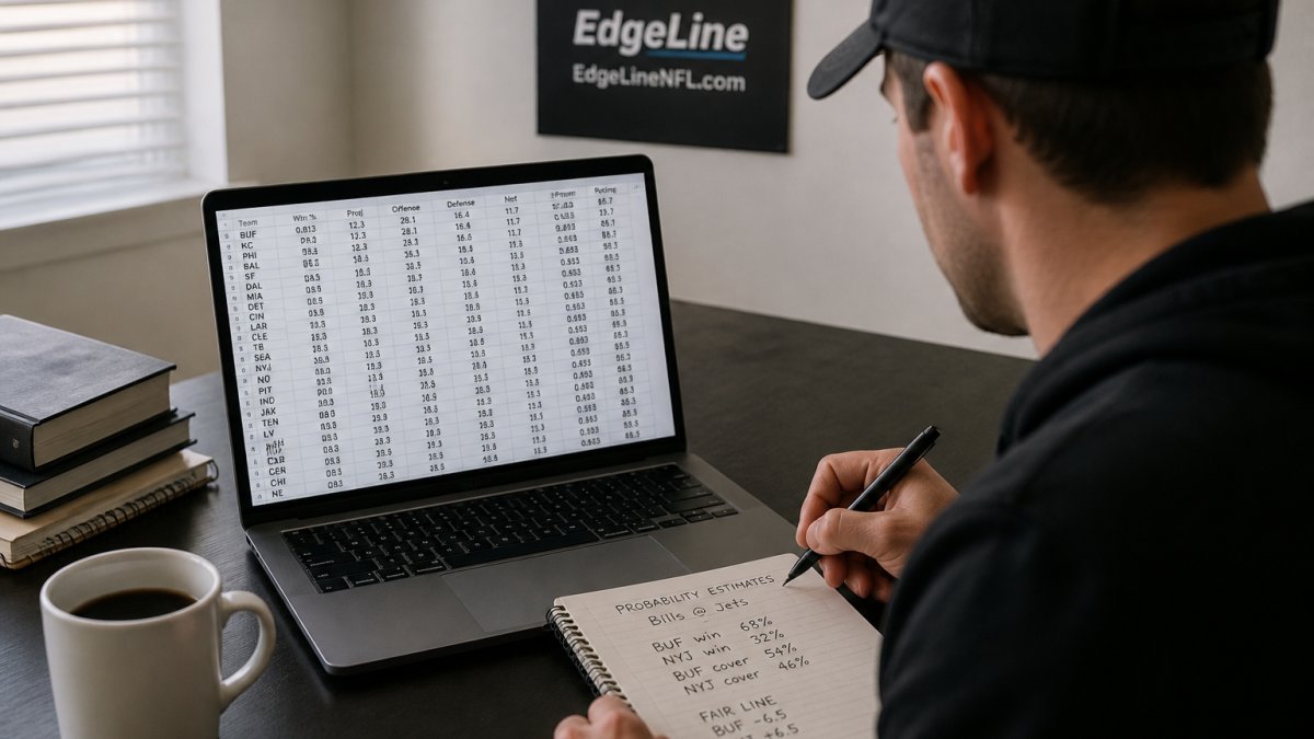 A sports bettor at a desk with a laptop showing a spreadsheet of NFL team stats, a notebook with handwritten probability numbers, and a coffee cup nearby