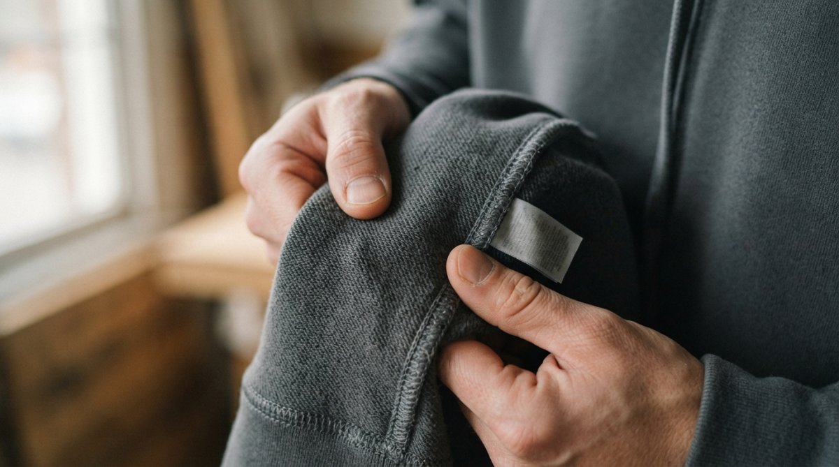 Close-up of hands holding and feeling the fabric of a heavyweight cotton hoodie, showing the texture and stitching quality in natural light