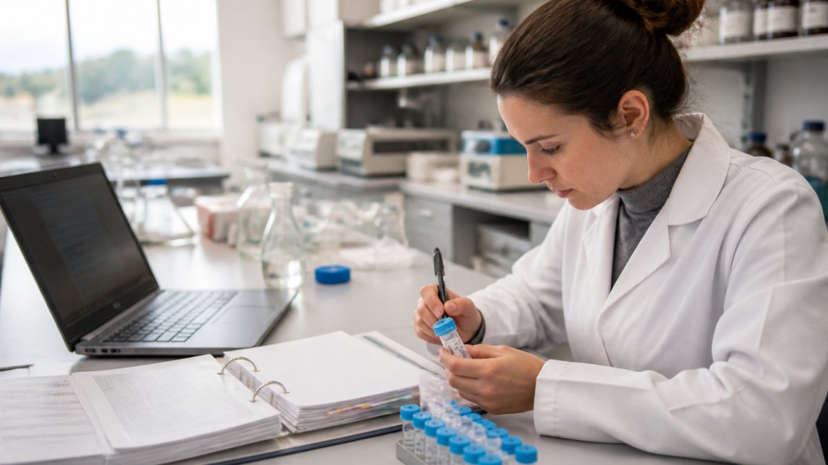 A scientist working alone at a lab bench, organizing a binder of research documents and labeling sample vials with a pen, with a laptop open beside them