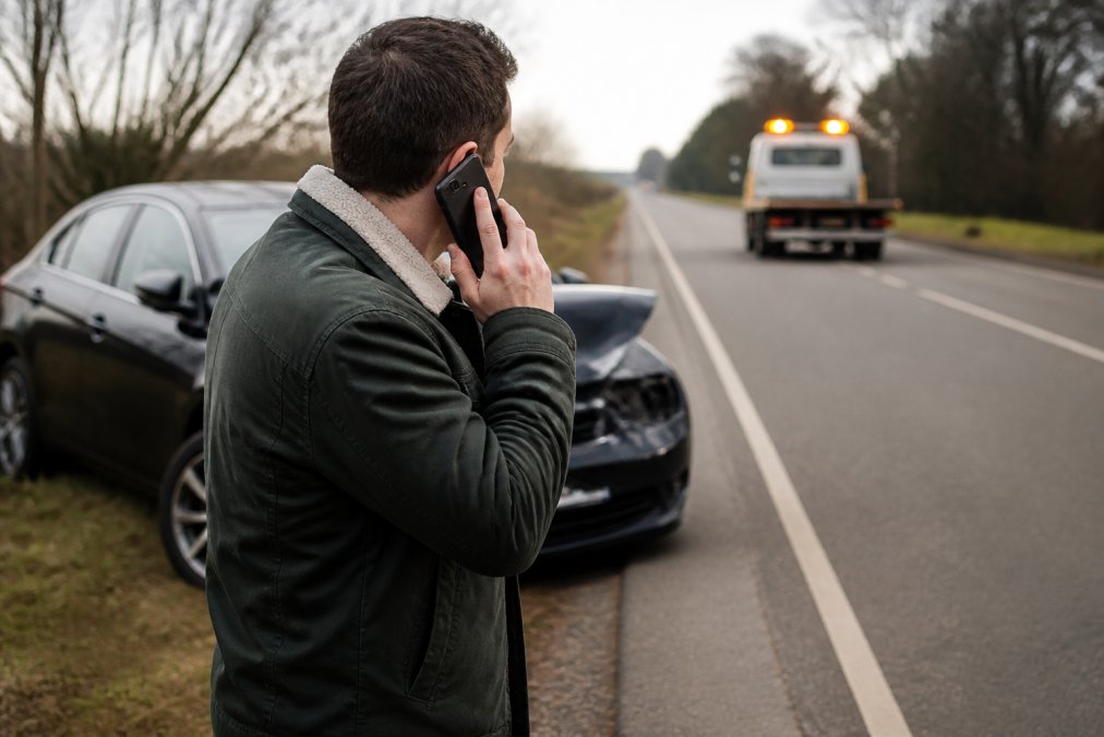Driver on phone at roadside after motor vehicle accident, with damaged vehicle visible behind and tow truck approaching in distance, natural daylight