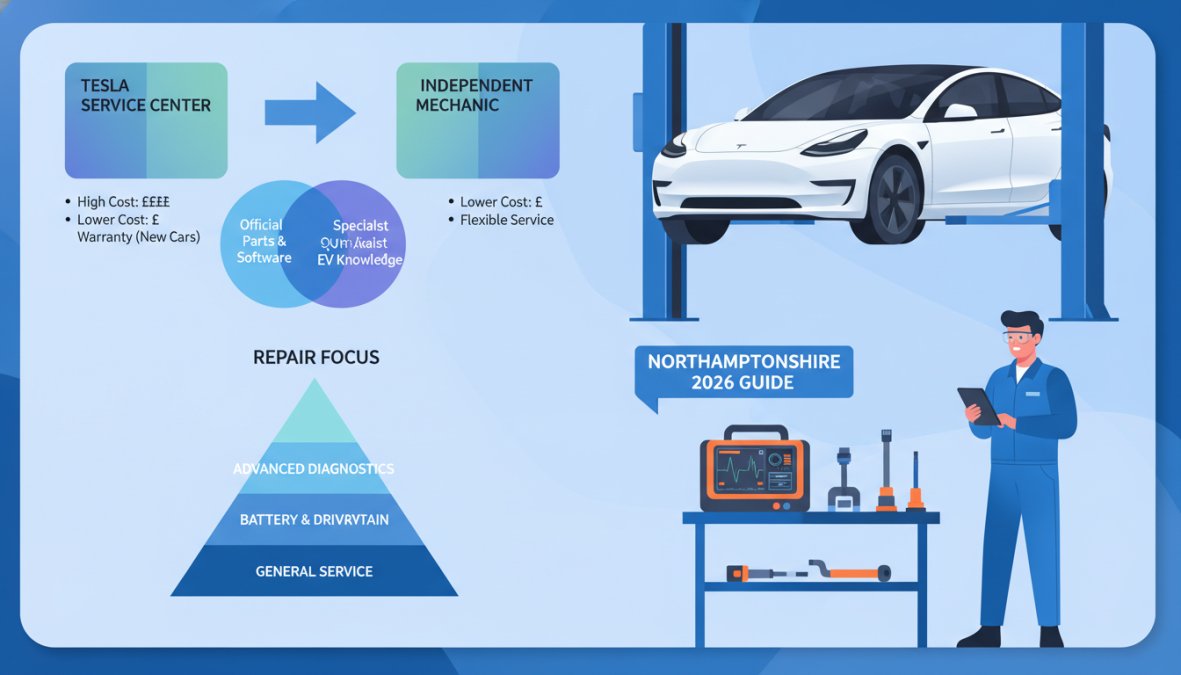 A qualified EV technician in a clean, well-lit workshop crouching beside a Tesla Model 3 raised on a hydraulic lift, with EV-specific diagnostic laptops and high-voltage safety equipment visible on a workbench in the background
