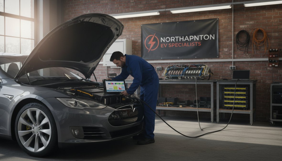 Close-up of a technician's hands connecting a diagnostic laptop to a Tesla's data port inside a professional garage, with battery health metrics and fault code data visible on the laptop screen under workshop lighting