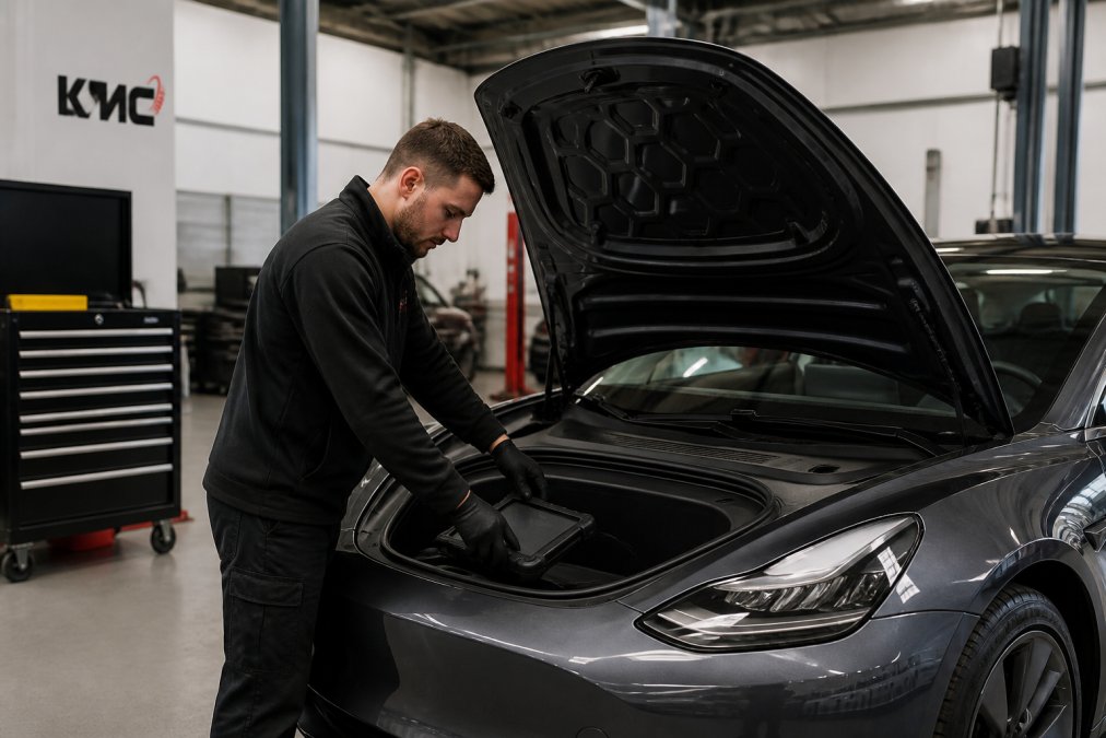 Technician performing comprehensive diagnostic check on a Tesla vehicle in modern garage workshop, with specialist diagnostic equipment and computer terminals visible in background