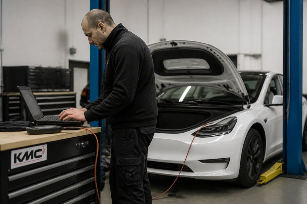 Technician examining EV battery management system diagnostics on specialized computer screen with Tesla vehicle visible in workshop background, diagnostic cables connected to vehicle