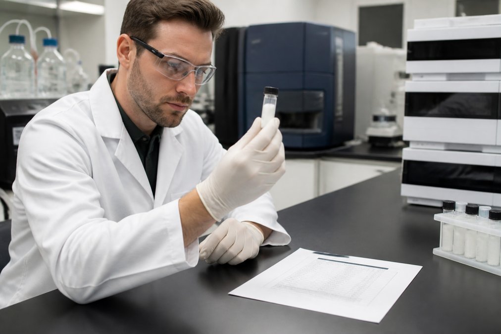 A scientist in a white lab coat examining a vial of lyophilised peptide powder next to a Certificate of Analysis document on a clean laboratory bench, under bright overhead lighting
