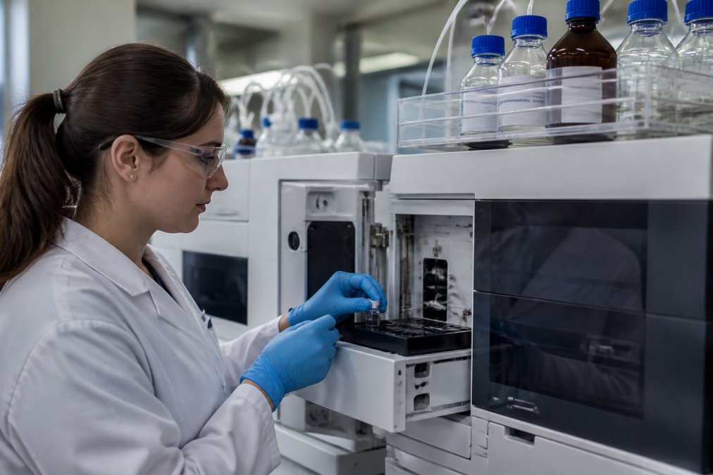 Technician carefully loading a peptide sample into a high-performance liquid chromatography instrument in a clinical laboratory with precise lighting and calibrated equipment
